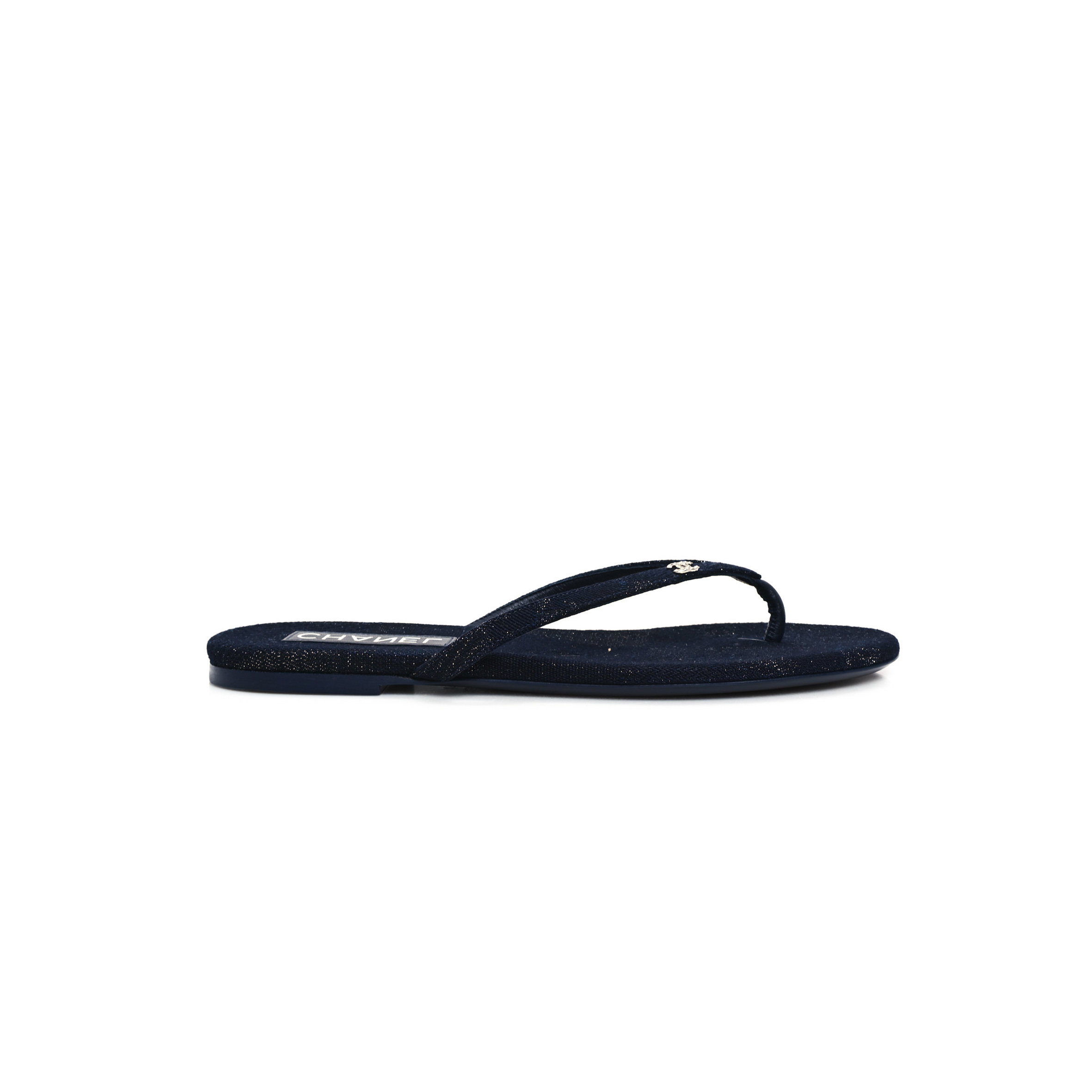 Ch*el cotton silk crystal cc thong sandals dark blue silver 362268